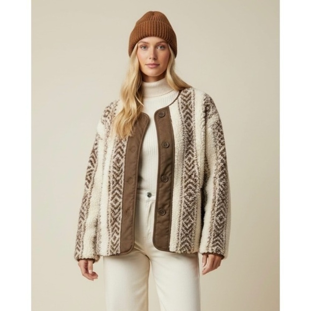 Old Navy Sherpa Fleece Southwestern Fair Isle Jacket Brown Cream Large Women
